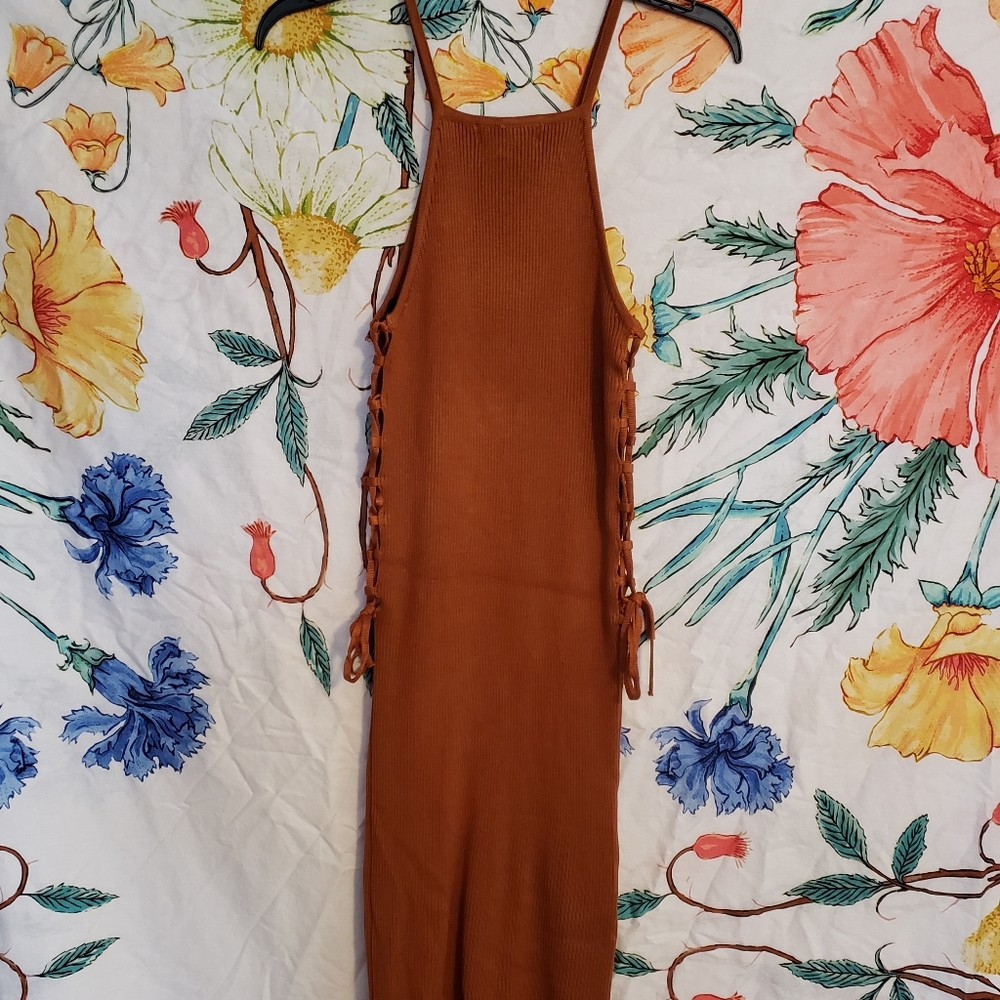 Tan Halter Tie Up Midi Sweater Dress